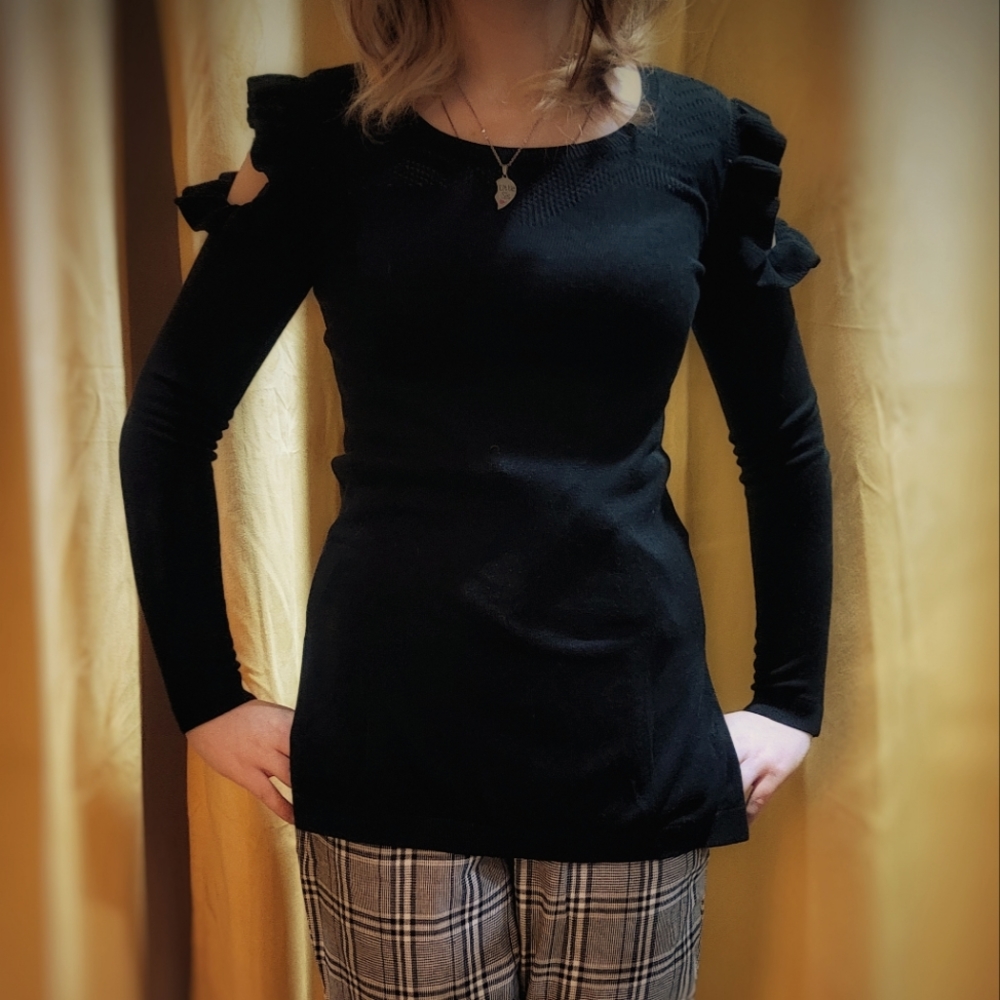 Candie's XS Ruffle Cut-out Crochet Black Sweater